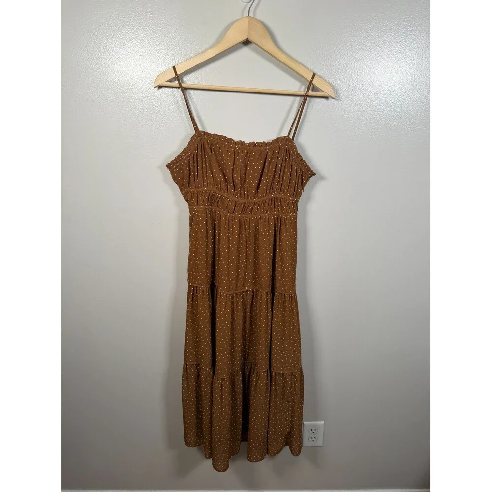 Madewell Sophia Cami Tiered Midi Dress Size 2 Brown Polka Dot Sundress Preppy